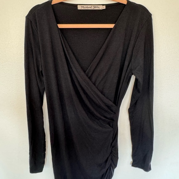 Michael Stars Ruched Wrap Long Sleeve Soft Stretchy Knit Black Midi Dress Sz L - Picture 3 of 9